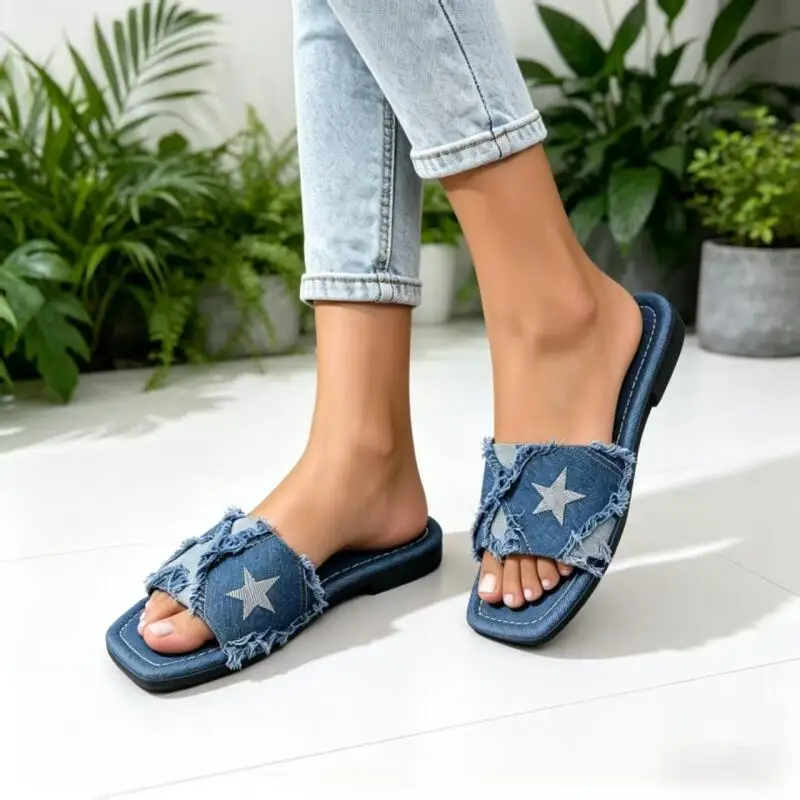 Y2K Denim Strap Flat Heel Sandals Women Summer 2026 Fashion Patchwork Star Pattern Square Toe Beach Slippers Lightweight Sandals view 5