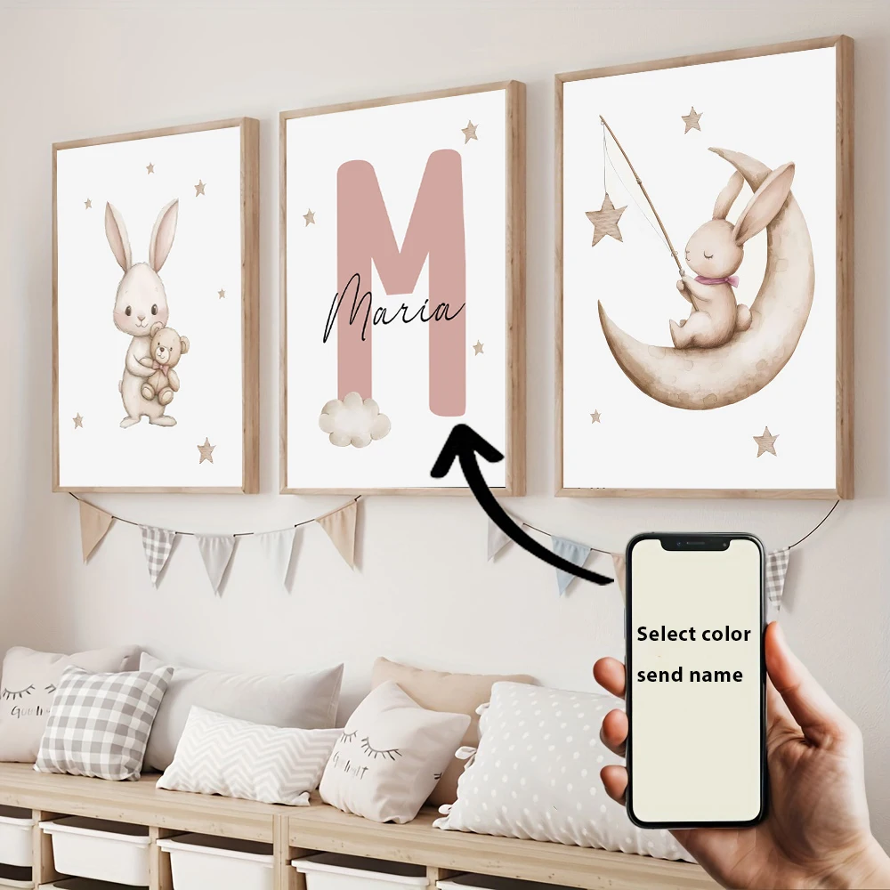 3 individuell gestaltete Kinderzimmer-Kunstwerke mit Kaninchenmotiv, dekorative Aquarell-Kaninchenmalerei, personalisierte Schlafzimmer- und Heimdekoration