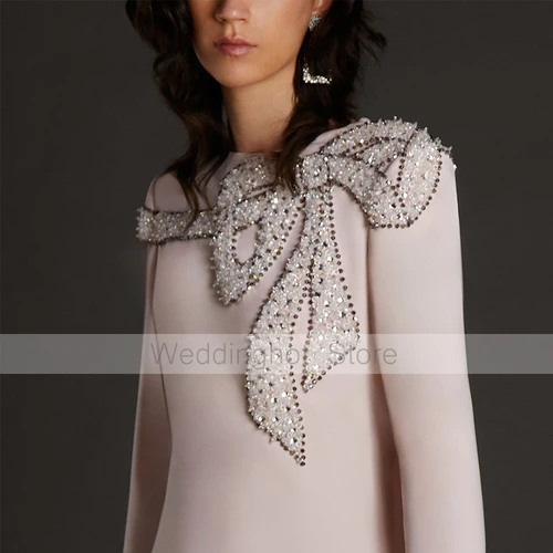 Imagen 2 del producto Vestidos elegantes para invitados de boda para mujer, vestidos de noche modestos con lazo y cuentas, mangas largas, cuello redondo, línea A, lujoso vestido de fiesta Formal