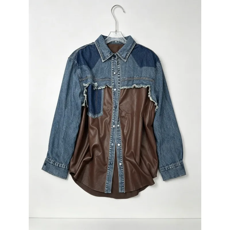 SuperAen Patchwork Denim Loose Shirt for Women 2026 Autumn New Single Breasted Fashion Shirts