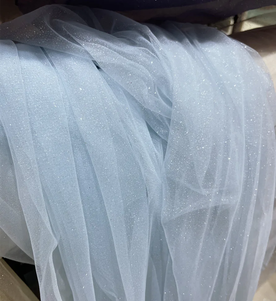 Light Blue Fine Shiny Mesh Scene Layout Transparent Gauzy Gown Draping Fabric for Wedding Dress Fabric