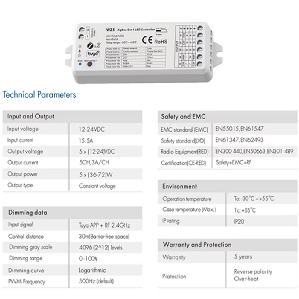 5in1 Tuya Zigbee 3.0 LED Controller Dimmer CCT RGBW RGB+CCT RGBCW Strip 12V 24V 2.4G Remote fr Alexa Google Home Smart Life APP