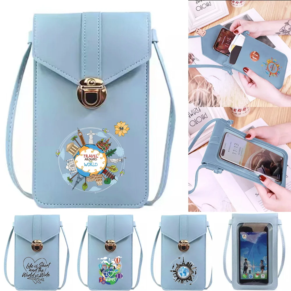 

Mobile Phone Bag Soft Blue Wallets Touch Screen Cell Phone Purse Crossbody Shoulder Strap Bags Travel Printing Series
