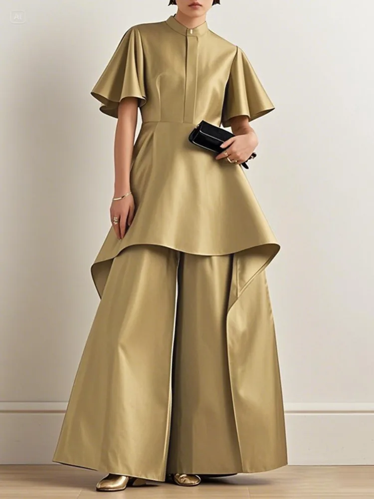 Freeacy Women's Extra-long Elegant T-shirt Luxury Gold Stand Collar Ruffled Sleeves High Waist Pleated Evening Wear Shirt Tops