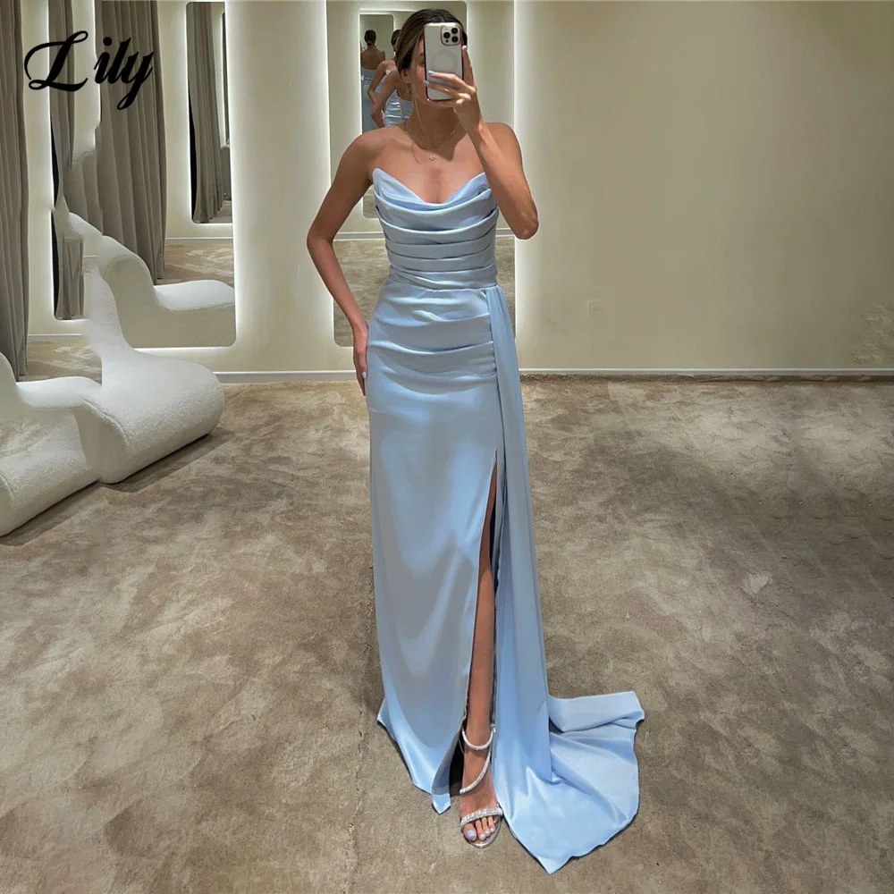 

Lily Light Blue Strpless Evening Dresses Pleat Charming Stain Prom Dress Side Split Mermaid Formal Dresses vestidos de noche