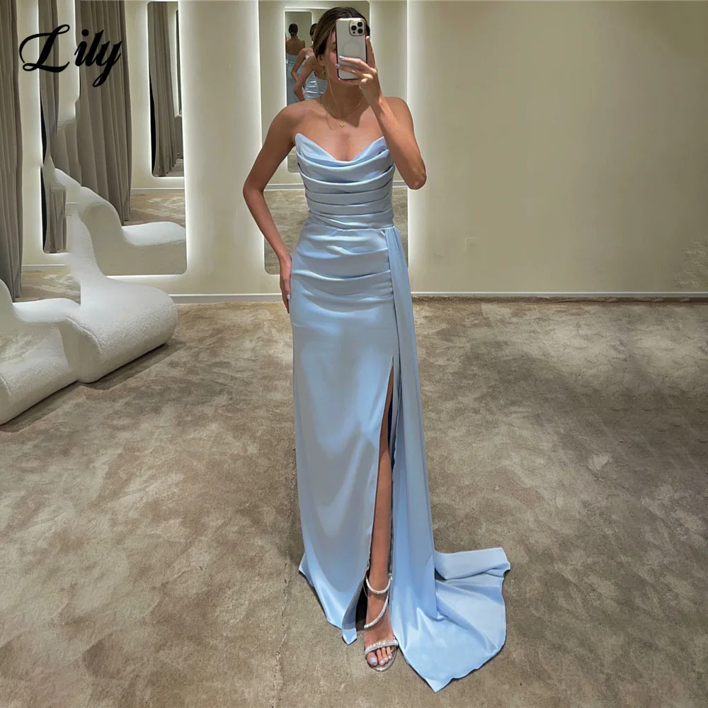 

Lily Light Blue Strpless Evening Dress Pleat Charming Stain Prom Dress Side Split Mermaid Formal Dresses robe de bal Customized