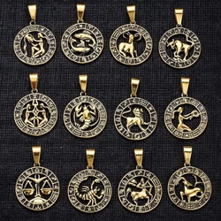 Round Design 12 Zodiac Sign Constellations Horoscope Stainless Steel Pendant Necklace for Men Chains