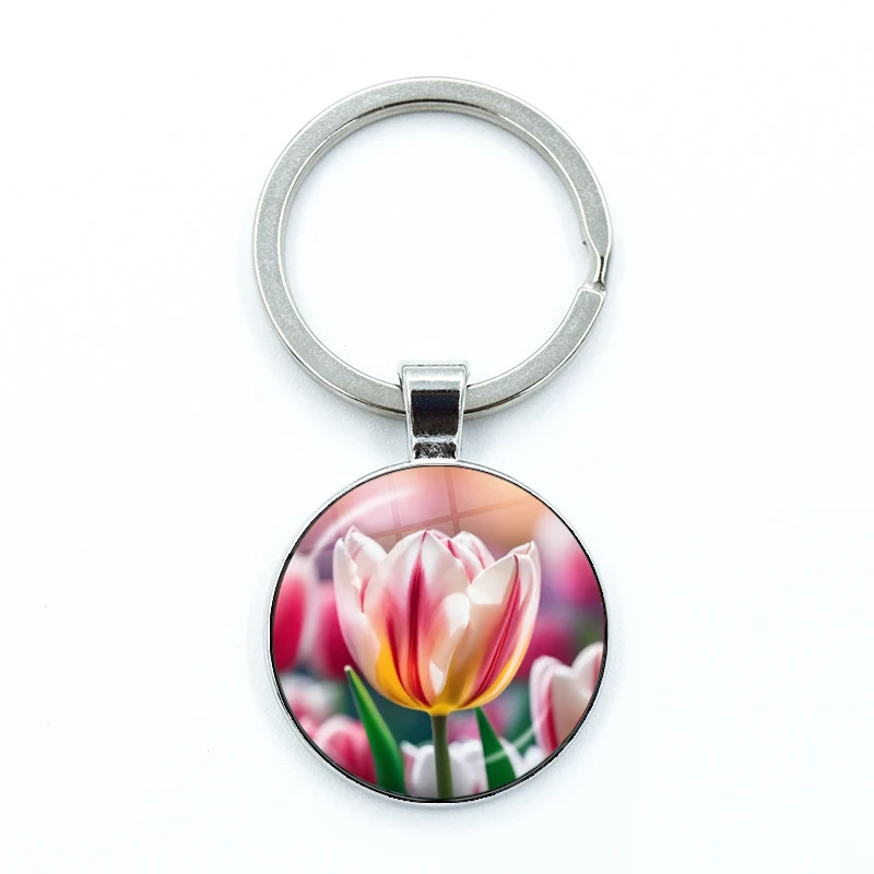 Colored Tulip Earrings Dutch Tulip Photos Glass Pendant Keychain Jewelry Charm Bag Souvenir Key Ring