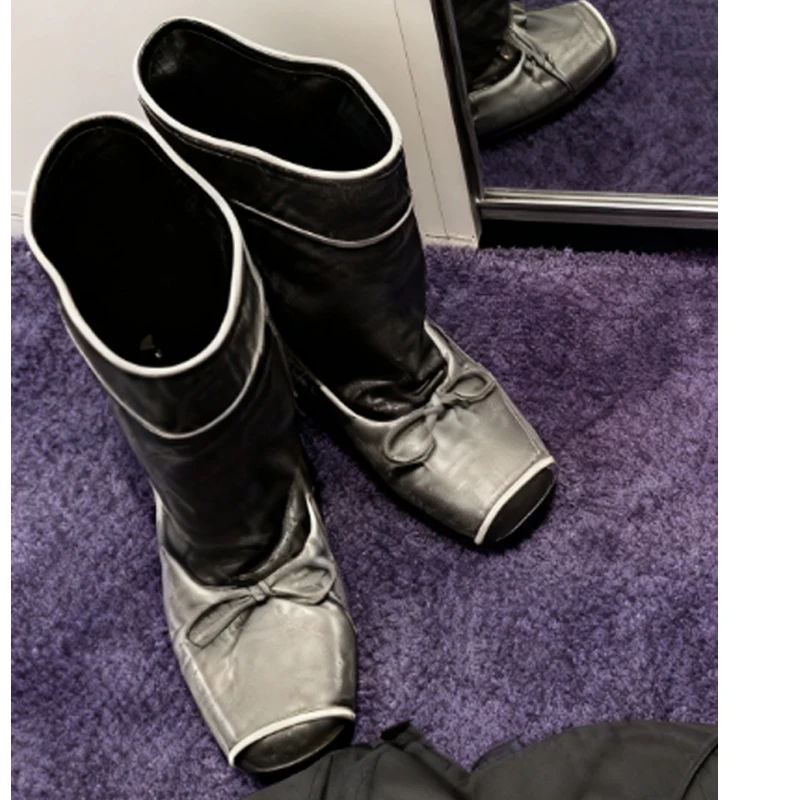 

Grey Round Toe Bow Slip-On Chunky Heels Mid-Calf Boots Woman Winter 2026 Black Slouchy Boots Red Casual Short Boots