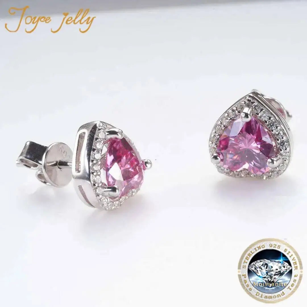 JoyceJelly 1 Carat Heart-shaped Pink Moissanite Earrings S925 Sterling Silver Jewelry Pass Diamond Tester Free GRA Certificate