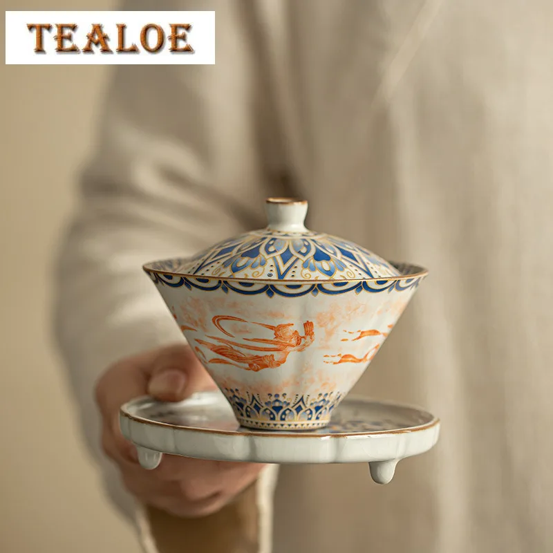 

Ceramic Rubbings Flying Sky Gaiwan Zen Anti-scald Tea Tureen Tea Bowl With Lid Kit Tea Brewing Cover Bowl Drinkware Craft Gift