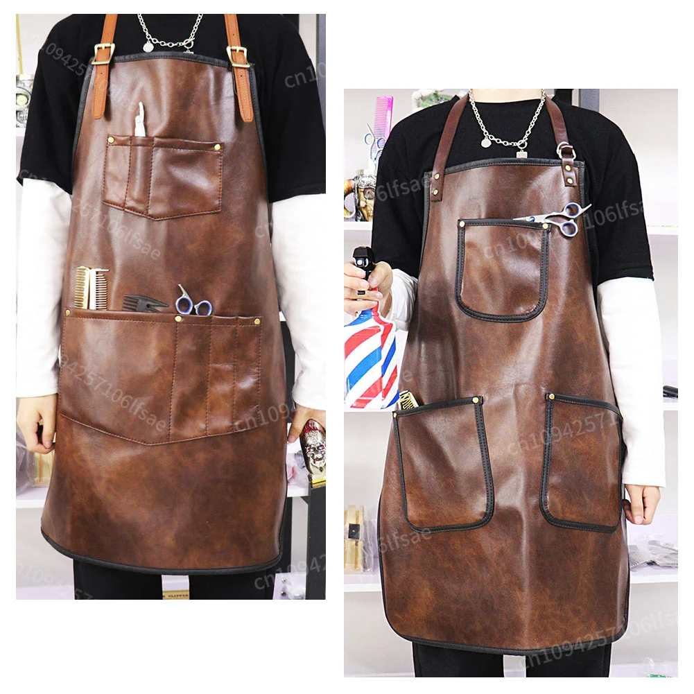

Leather aprons Professional Hairdressing Denim Apron for men Barber Shop Retro Multi Pockets Dyeing and Cutting Hair Bib