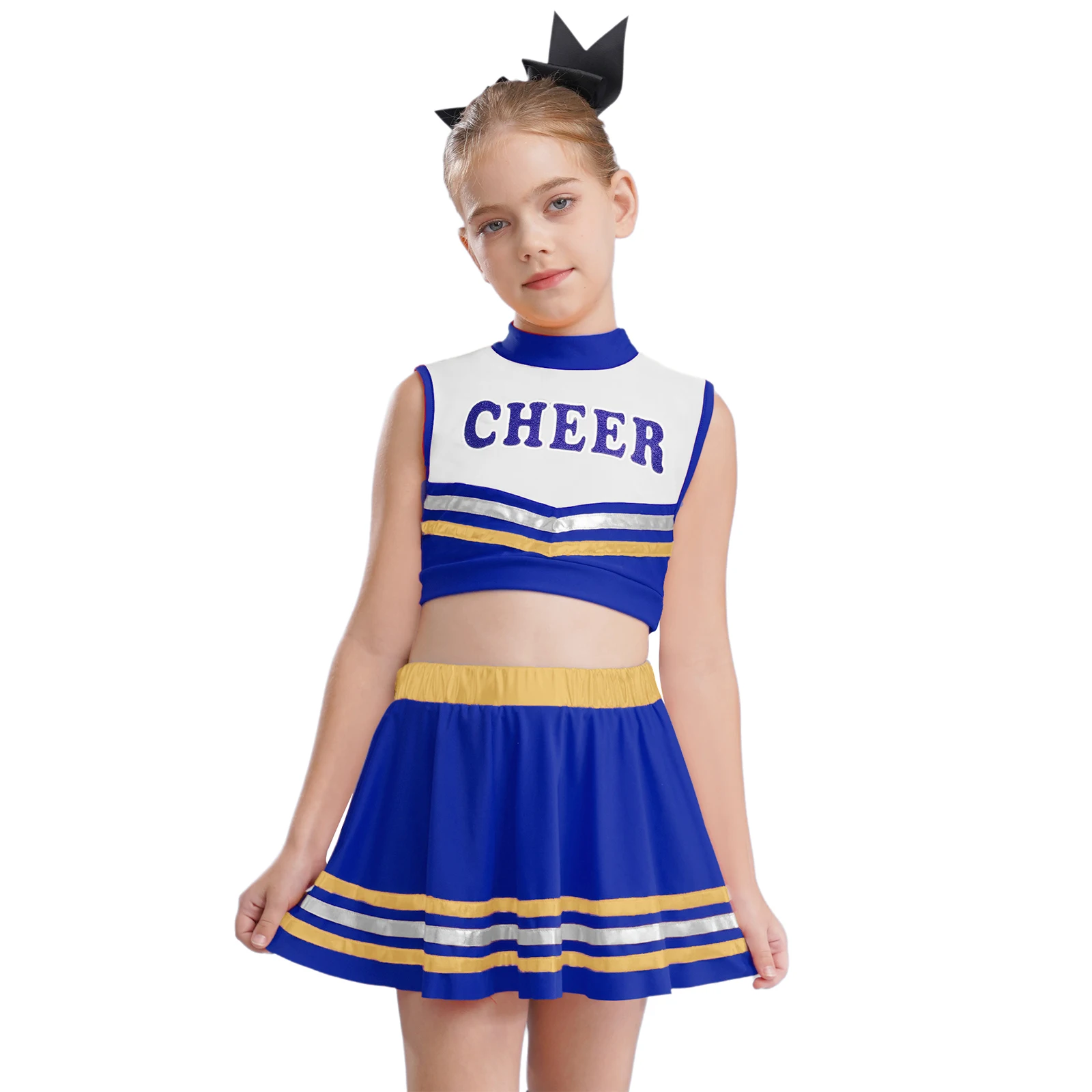 Cheerleading-Tanzkostüm für Kinder, Mädchen, 2-teilig, mit Buchstaben bedruckt, Farbblock, Schlüsselloch-Rücken, Tank-Crop-Top + Rock mit metallischem gestreiftem Saum