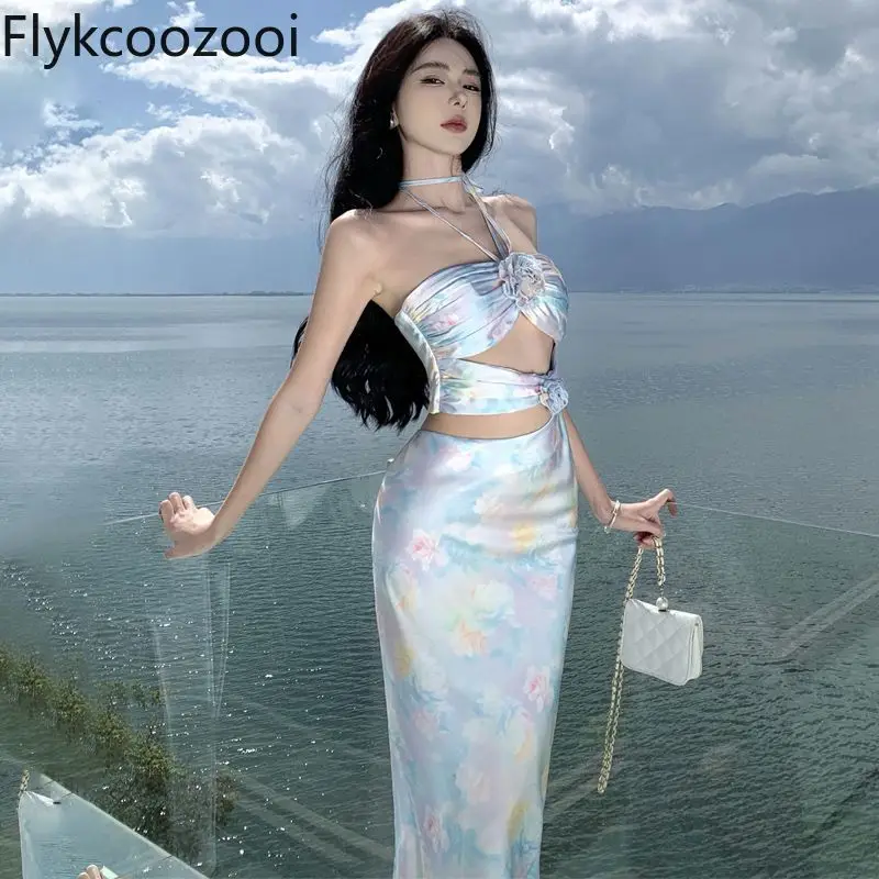 

Elegant Appliques Printed Floral Hanging Neck Hollow Out Camisole Dress Summer Women High-waisted Wrap Hip Beach Long Dress