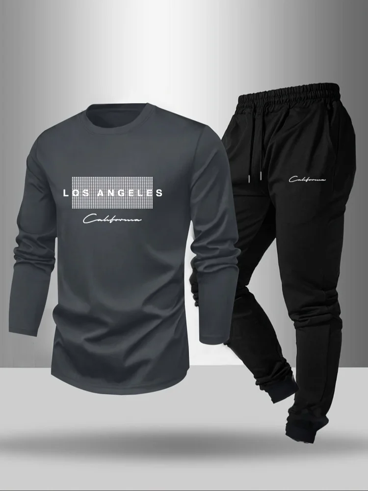 New Men's Fashion Letter Print Breathable Crewneck Sweatshirt & Casual Drawstring Pants Set Outdoor Leisure Sports Two-Piece Set