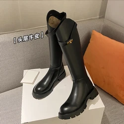 Autumn and winter Women knee-high boots natural leather 22-25cm cowhide upper modern boots side zip western boots platform boots