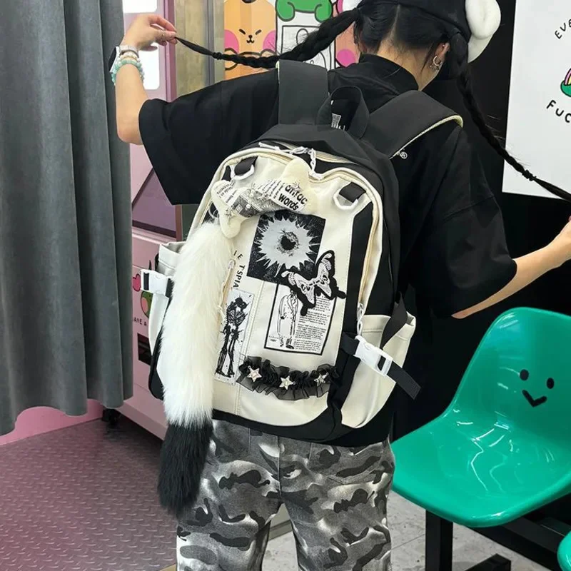 Fox Tail Backpack Sunlight Original Subcultural Backpack Large Capacity Letter Splicing Commuter Bag Student Classroom Backpack