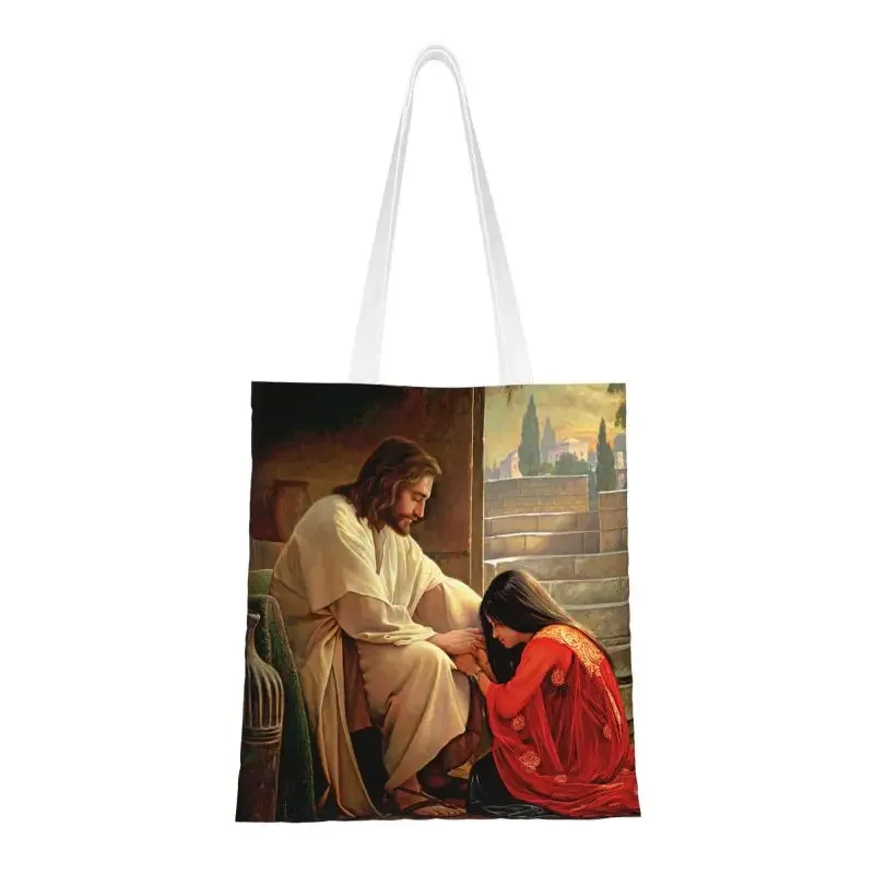 And Mary Magdalene Grocery Shopping Bags Canvas Shopper Shoulder Tote Bags Religious Christian Divine Mercy Handbag