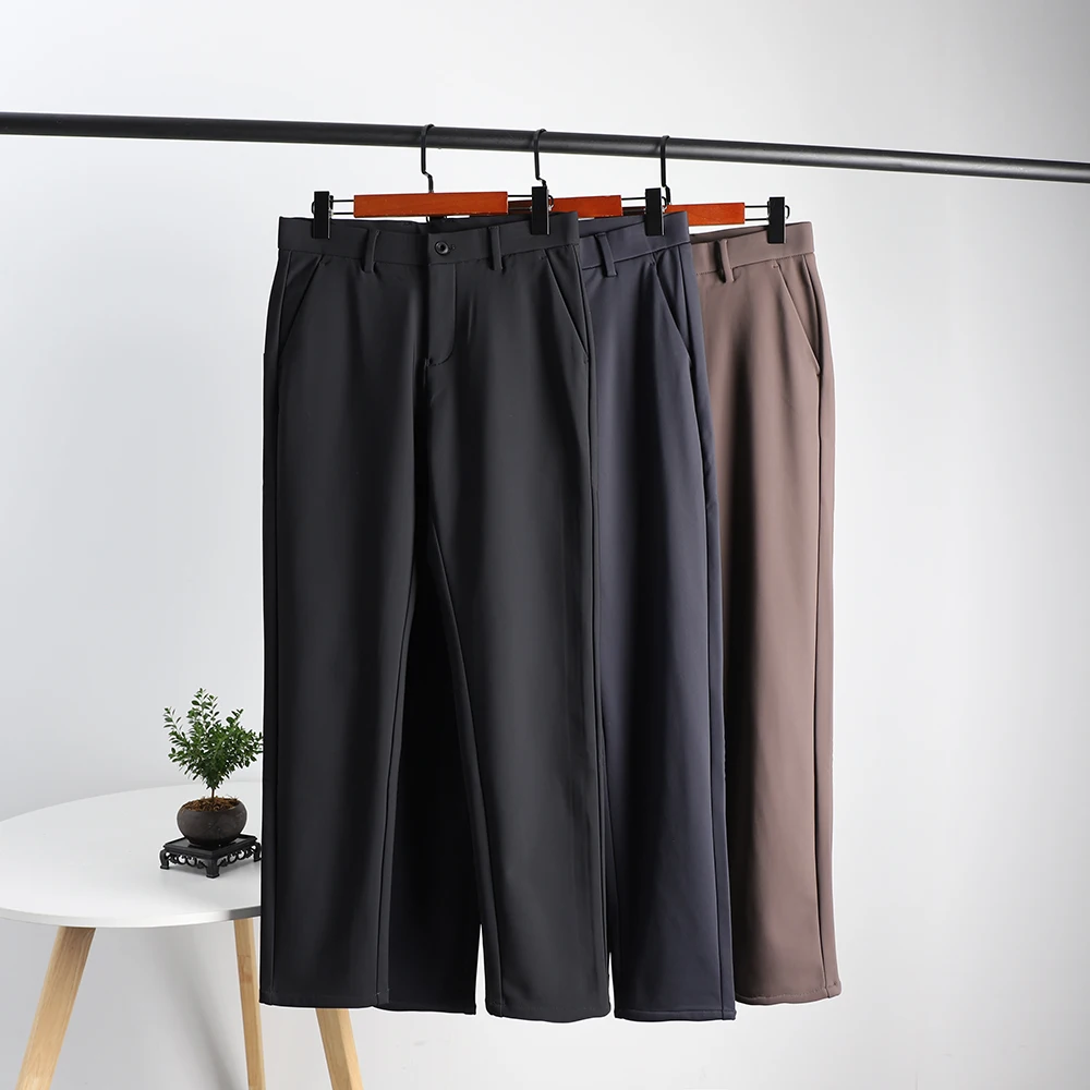 Business Casual Thickened Fleece Lined Straight Leg Men's Pants Autumn Winter Anti-Wrinkle Elastic Four-Protection Fabric