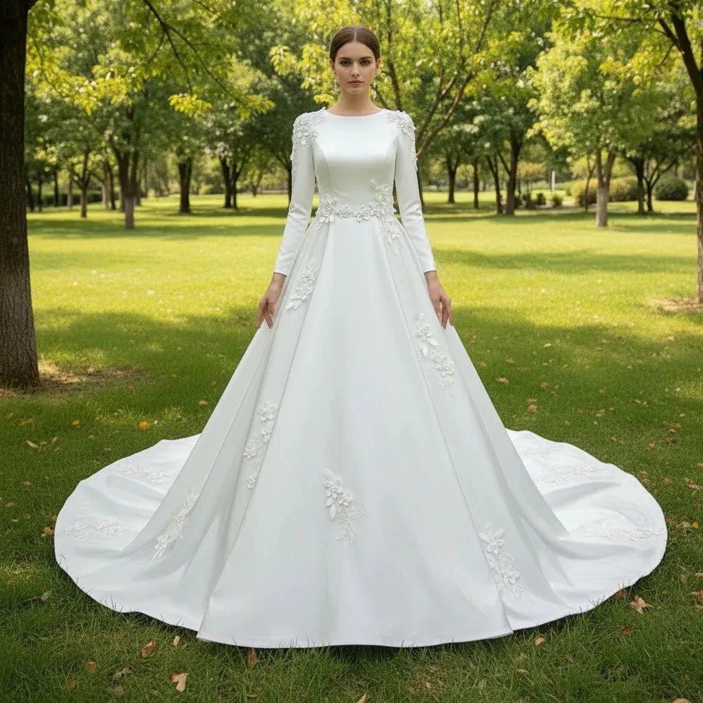 Rosymae Elegant A-line Satin Wedding Dress with Long Sleeve 3D Floral Petals Beaded Pearl Centers High Back Neck Line of Pearls