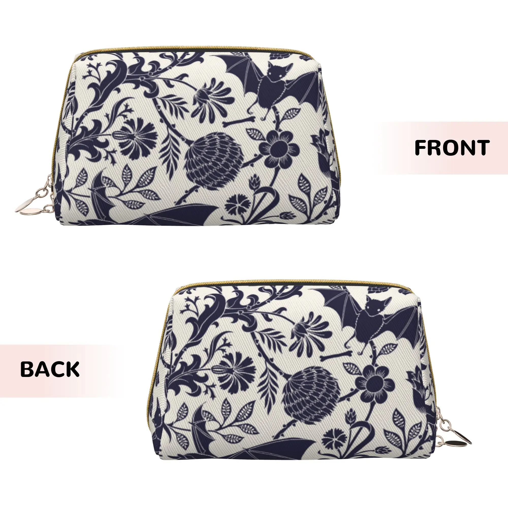 Goth Bats Flowers Print Leather Makeup Bag Women Travel Toiletry Pouch Cosmetic Bags Portable Multifunctional Storage Bag Gifts