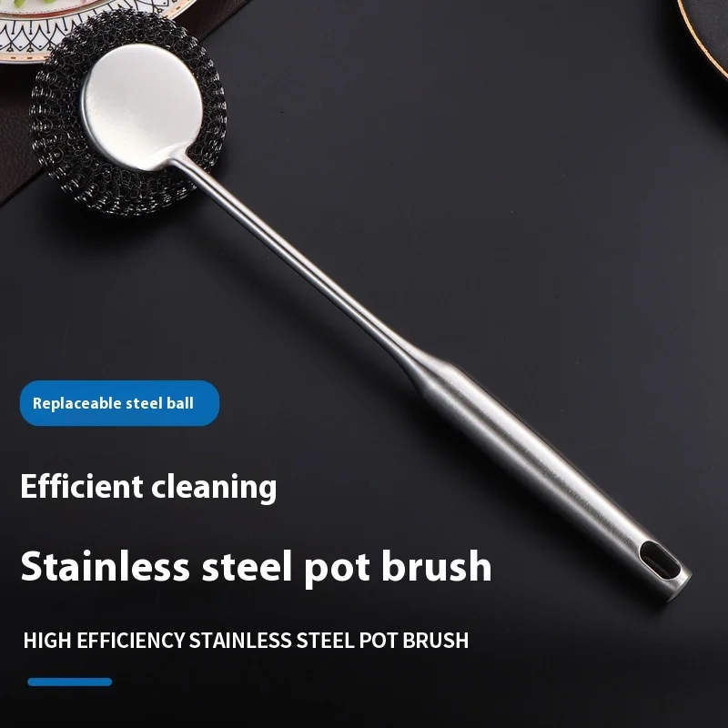 

Stainless Steel Long Handle Pot Brush Kitchen Household Cleaning Brush Multifunctional Wire Ball