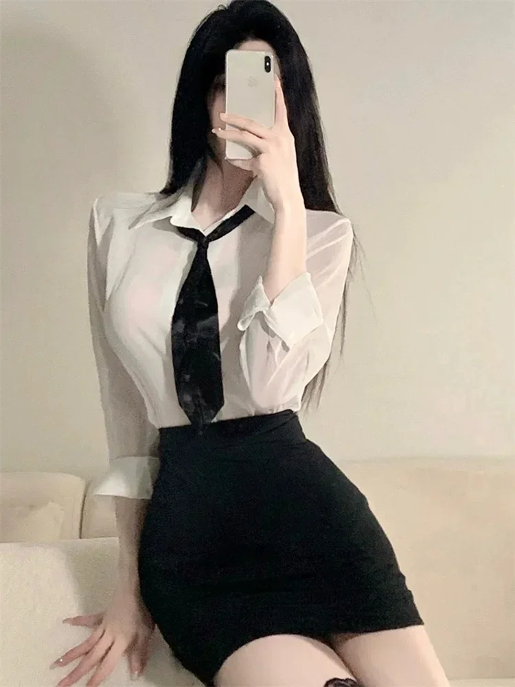 Büro Dame Rollenspiel sexy Dessous Sekretärin erotische Uniform Lehrer Cosplay Kostüm offener BH durch Hemd Mini Bleistift rock sehen