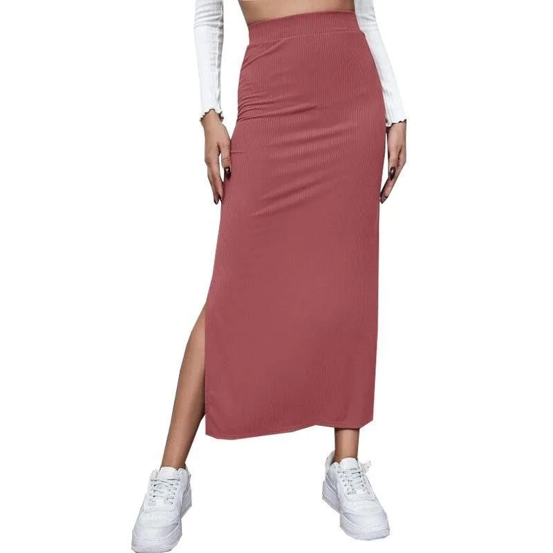 Women's Summer Long Casual Skirt Solid Color High Waist Side Slit Maxi Pencil Skirt Olive Green Black Burgundy Tan Ribbed Knit