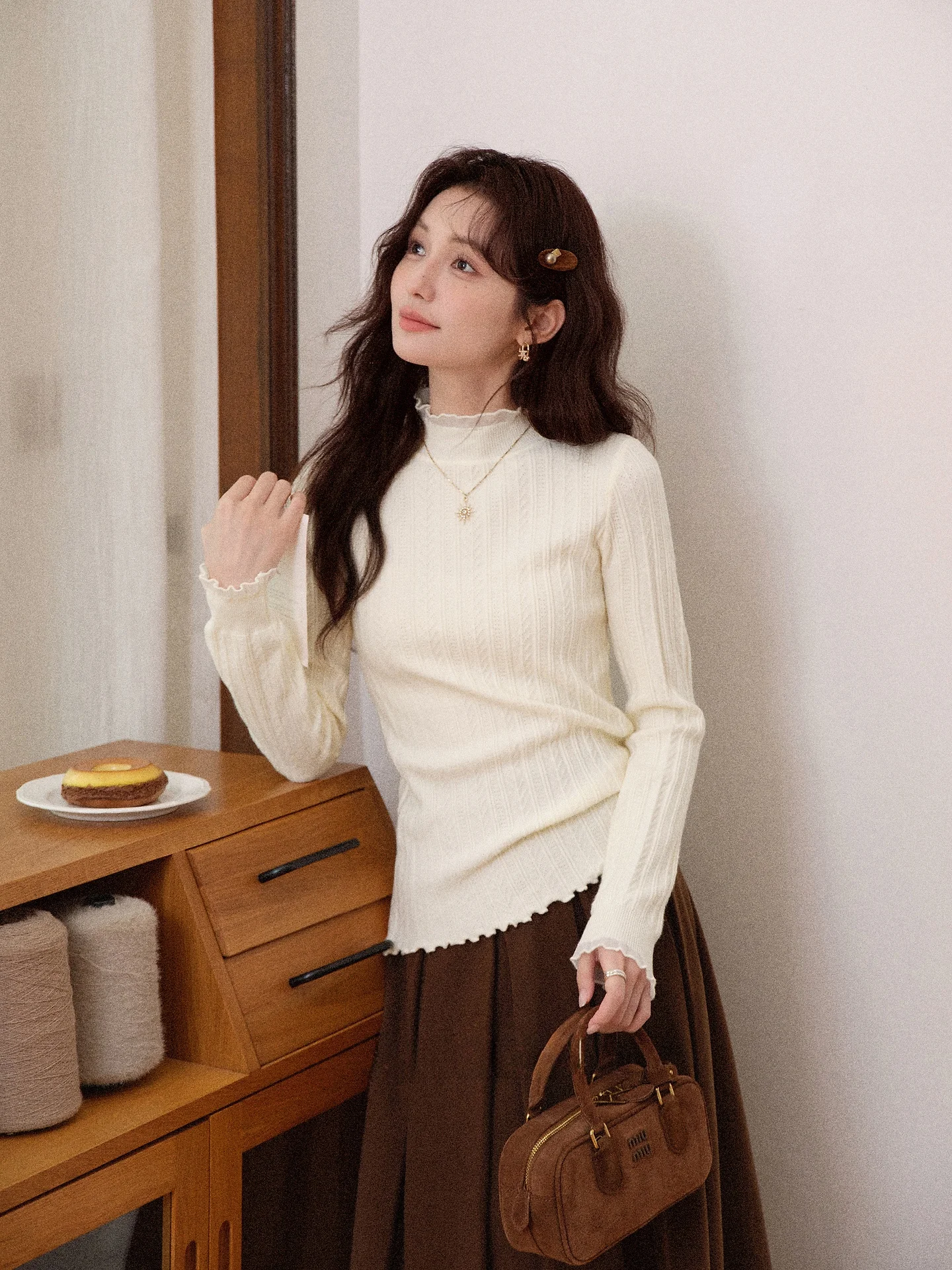 

South Deer Lace Splicing f High Collar Knitted Sweater Women's Inner Wear Top Autumn Winter Color round Ne Long Sl...