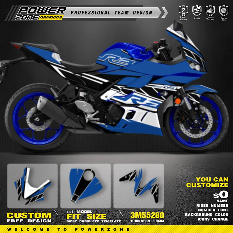 

PowerZone пользовательские графические фоны для команды, клейкие наклейки, комплект наклеек для YAMAHA R3 2019 2021 2022 2023 R3