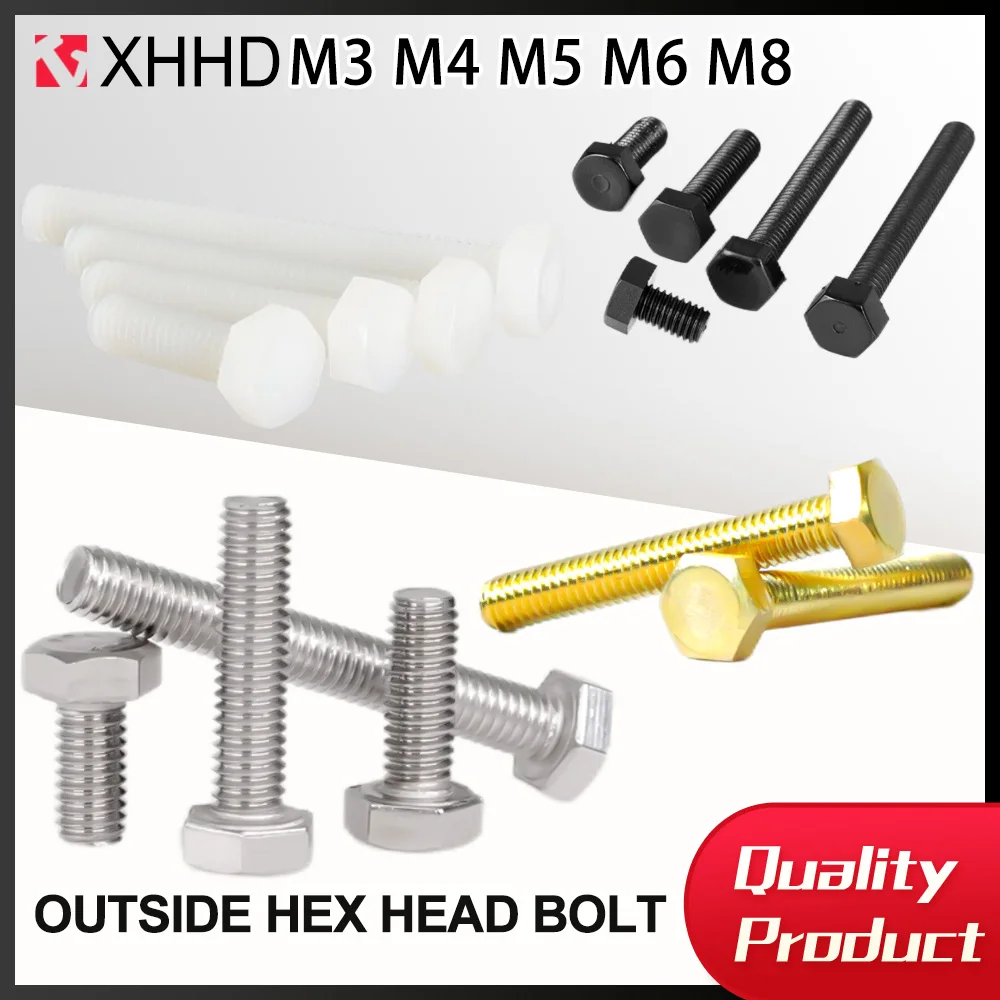 DIN933 304Stainless Steel/Nylon/Brass Outside Hex Head Bolt Screws Hex Bolt External Hexagon Head Screw L=6-40mm M3 M4 M5 M6 M8