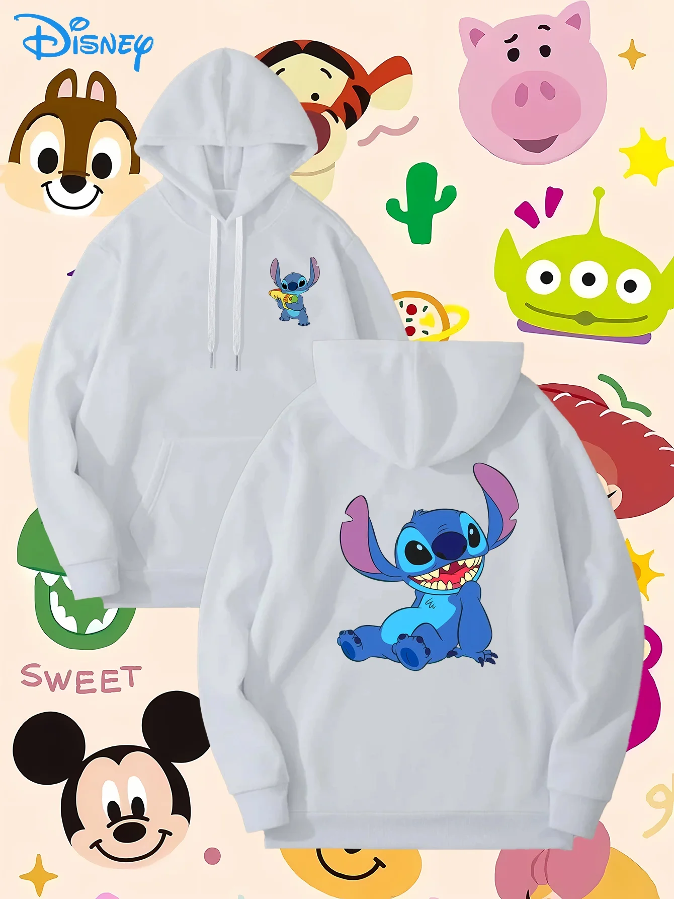 Bluza z kapturem Disney Stitch, kreatywny wzór, codzienna, z długim rękawem, ze sznurkiem i kieszenią, odzież codzienna.