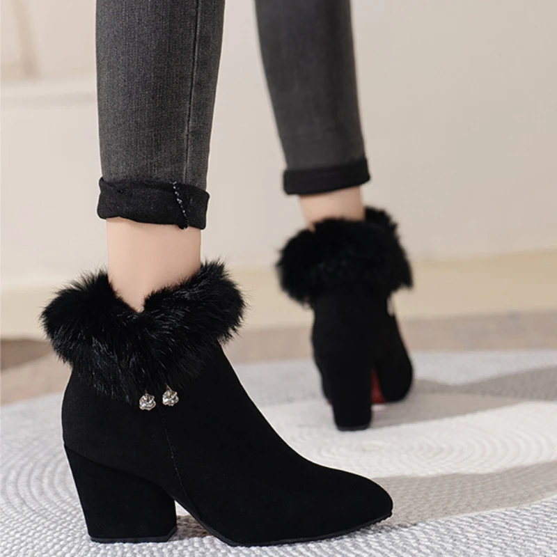 Women High Heels Shoes Platform Fur Crystal Tassels Chelsea Ankle Boots Winter 2024 New Trend Warm Short Cotton Goth Snow Boots