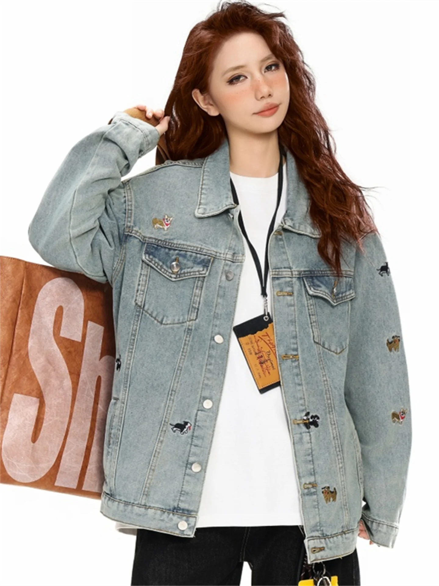 

Fun Embroidered Dog Jeans Jaet Men's American High Street Waed Lazy Chic Couple's Jaet Loose Fit Regular Sle Long Sve