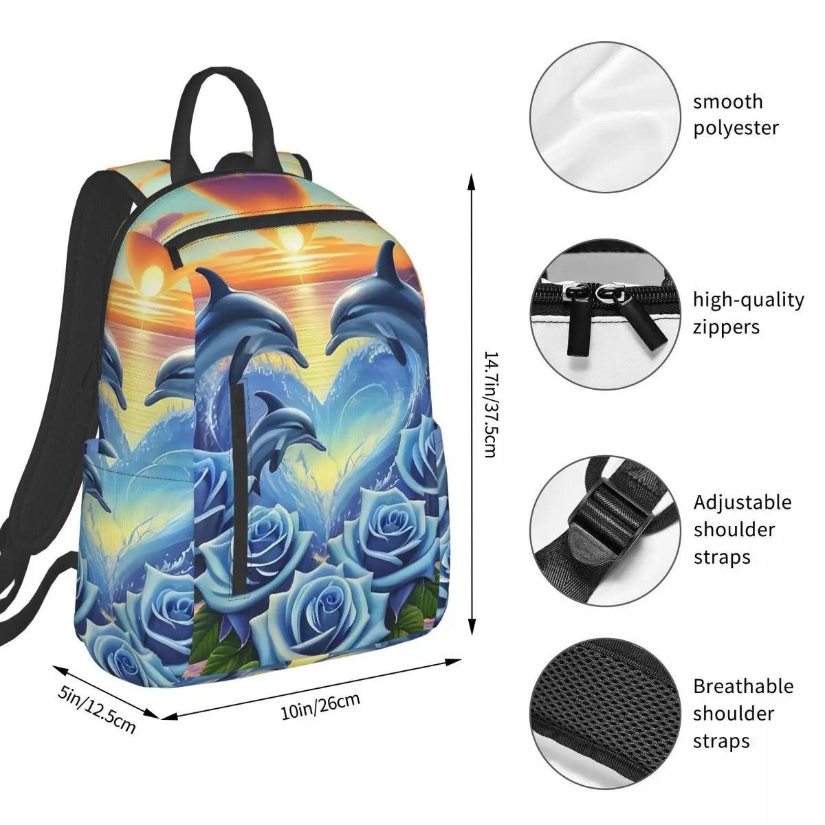 Dolphin With Moon And Floral Sunset Backpack Student BookBag Kids School Bag Computer Shoulder Bags Men Women