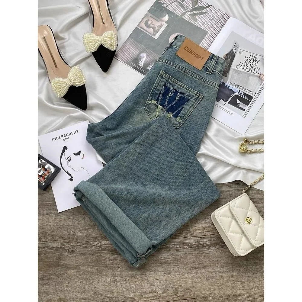 Retro blauwe wijde pijpen jeans dames dunne zomer hoge taille rechte losse kleine maat lange broek casual katoen...