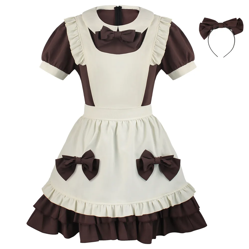 Anime Cafe Maid Cosplay Fantasia para Mulheres, Laço de Chocolate, Lolita, Vestido de Halloween, Meninas, Personagem