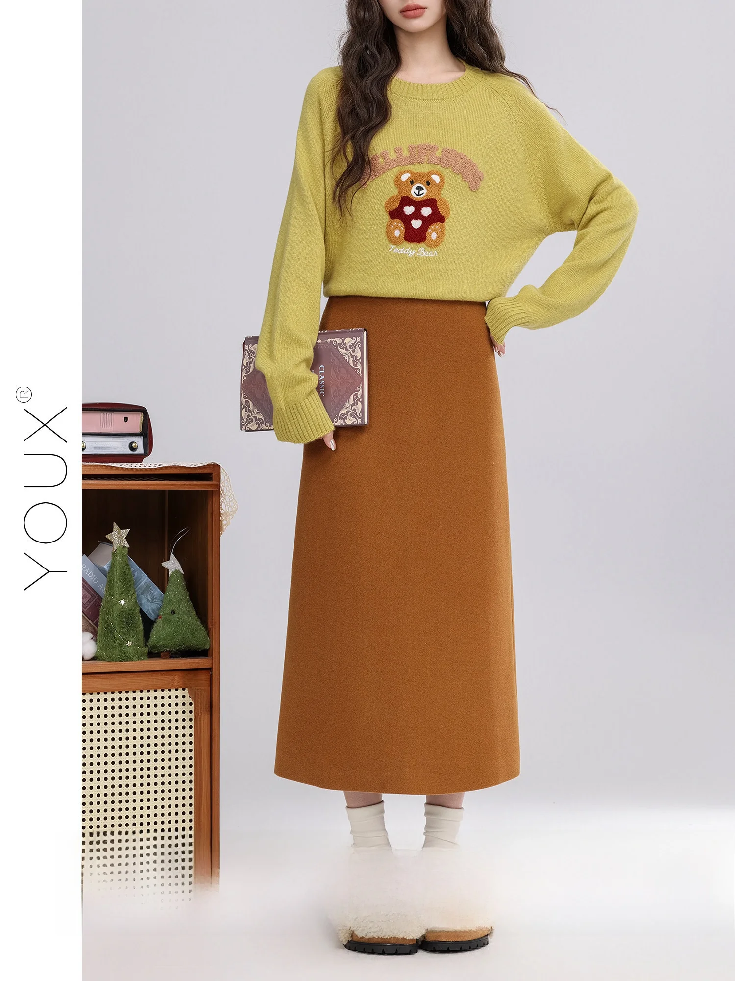 

Warm Tea Chatting Pumpkin Color Retro Straight Cut Skirt for Women Winter New Style Versatile Long Skirt High Waist A-Line