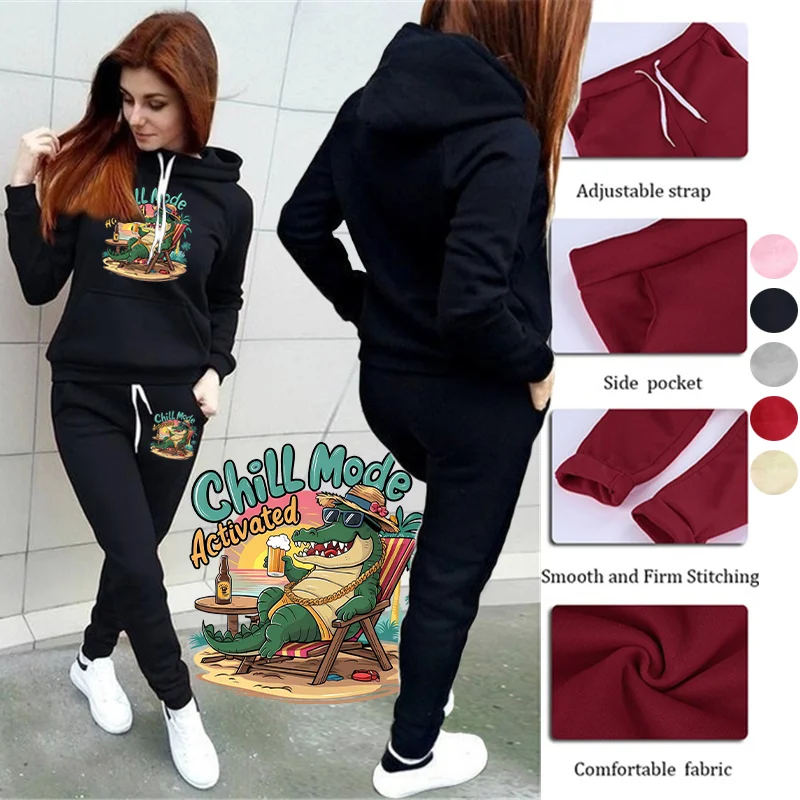 

Комплект спортивной одежды для женщин с активацией Chill Mode, осенняя толстовка с капюшоном, комплект из двух предметов, повседневный пуловер с капюшоном и брюками