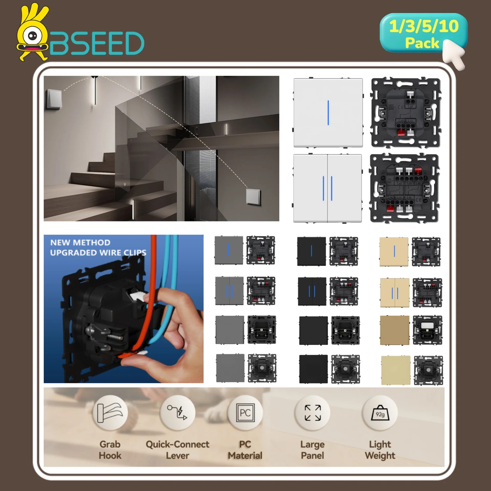 BSEED Button Switch Module Stair Switch Parts Wall 2Way Light Switch Key Insert Plastic Frame Combination EG Series Backlight