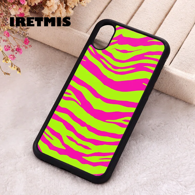 Iretmis Phone Cover Case For iPhone X XS Max XR 11 12 13 PRO MINI 14 15 16 Plus Rubber Silicone Neon Zebra Print Pink And Yellow