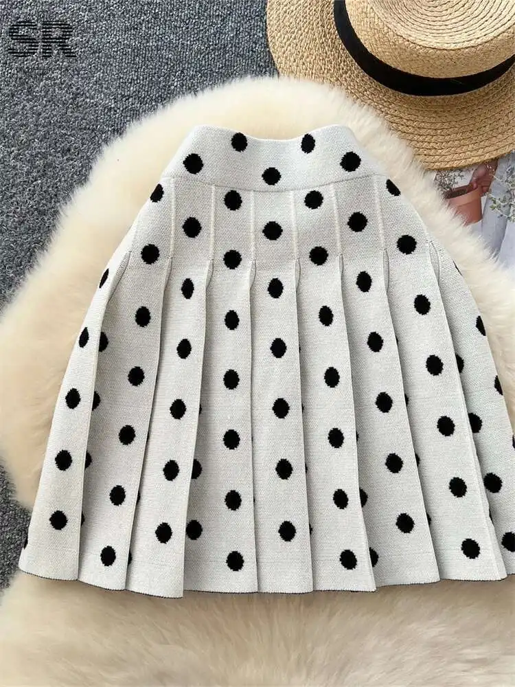 BabYoung Autumn Pleated Mini Skirt Women Elastic Waist 2024 High Quality Ladies Basics Polka Dot College Style Knitted Skirts