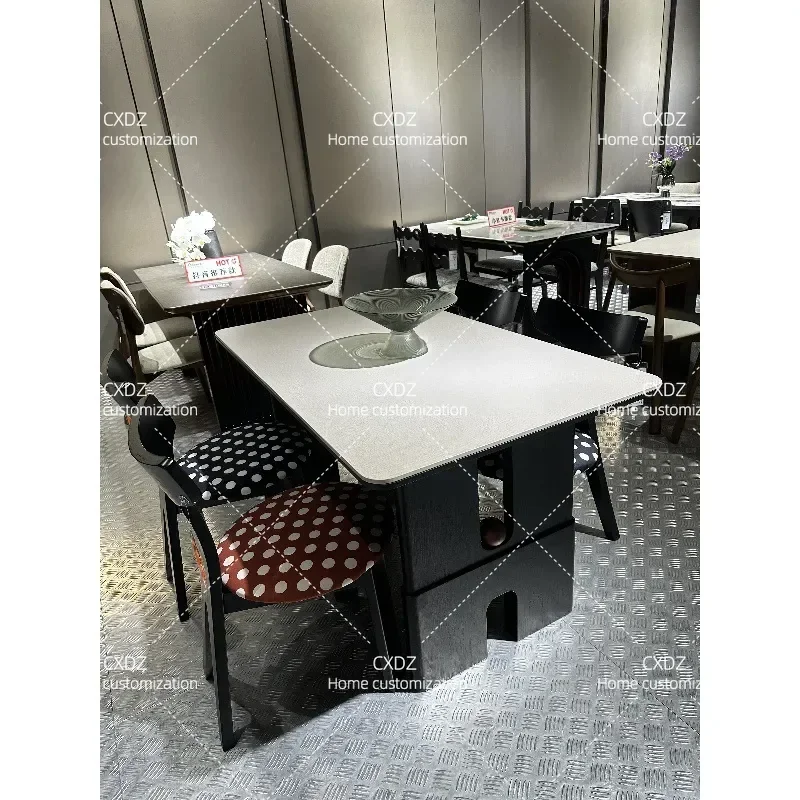 Modern Beige Rock Slab Dining Table and Chair Set Rectangular Light Luxury Household Furniture Medieval Cream Style Kitchen