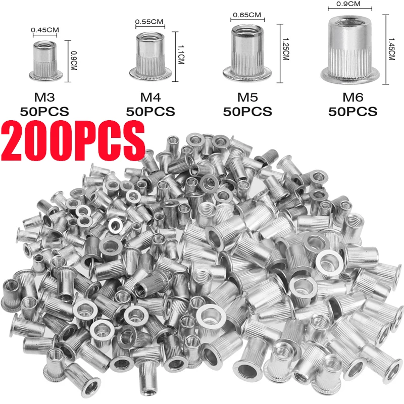 200Pcs Rivet Nuts Set Threaded Insert Nutsert Cap Flat Head Rivet Nuts Aluminum Rivetnuts Blind Assortment Kit M3 M4 M5 M6