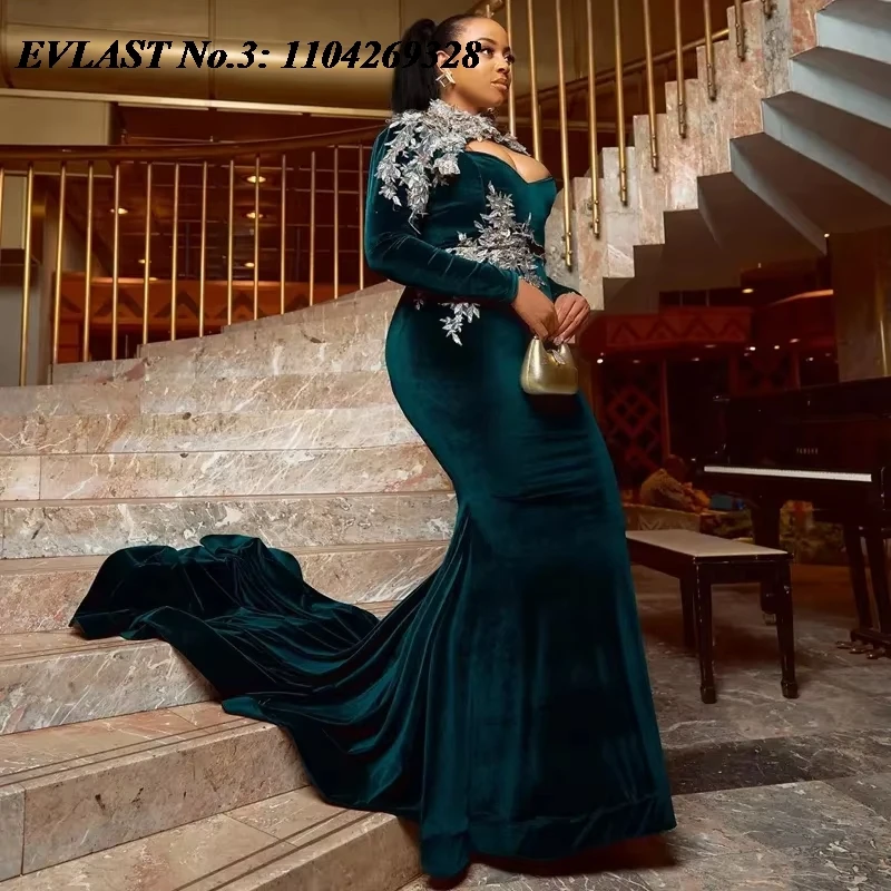 

EVLAST Customized African Aso Ebi Green Mermaid Prom Dress Long Sleeve Lace Crystal Beaded Evening Gown Robe De Soirée E3P445
