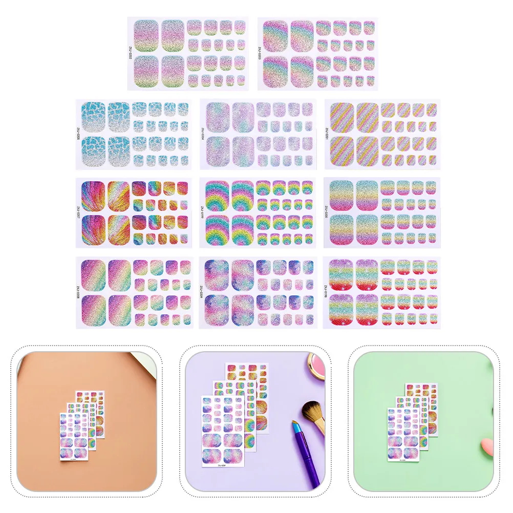 11Pcs Nail Stickers Waterproof Rainbow Gradient Toenail Wraps Self Adhesive Toe Nail Art Decals Summer Party Daily Use