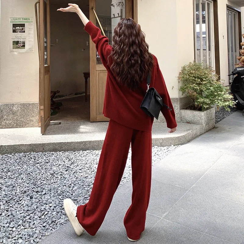 Koszula z efektem łączenia, imitacja dwuczęściowego topu z dzianiny + luźne spodnie z szerokimi nogawkami w jednolitym kolorze, damski zestaw dwuczęściowy na jesień i zimę 2025, nowość.