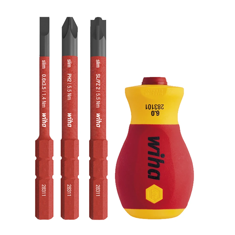 Wiha 41230 Stubby Screwdriver Set 1000v VDE Holder with 3 SlimVario Bits SL/PZ2, Slot 3.5mm, PH2