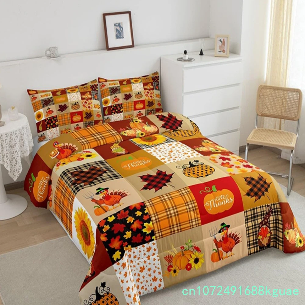 Autumn Pumpkin Country Farmhouse Maple Leaf Sunflower Quilt Set Thanksgiving Turkey Boy Girl Adult Room Decoration