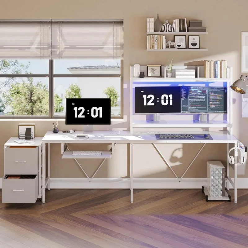 L Shaped Gaming Desk, Reversible Corner Computer Desk with Power Outlet & Led Strip Home Office Desks Drawer File Cabinet